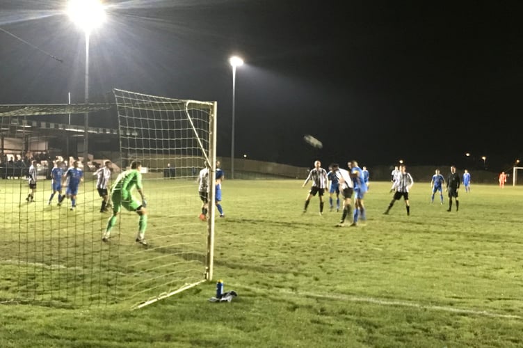 Dylan Peel scoring Liskeard’s first goal in the 2-1 win at Millbrook