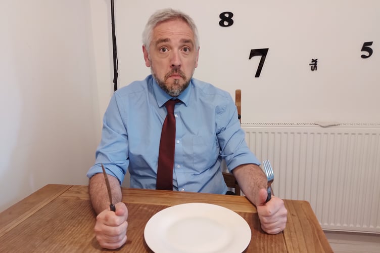 Iain Grant with an empty plate. See SWNS story SWLNcurry. A hangry dad ordered his family a £34 take out curry - only to discover when he went to collect it that the restaurant had closed down. Iain Grant, 49, had ordered the meal online using website Dine Order from 'Curry Baba' in Falmouth while on a family trip to the city to look at the local university with his daughter. Despite recieving a confirmation from the restaurant that it had accepted his order, when he arrived he found the windows white-washed out and the lights off. After calling the restaurant and being told that they were closed, he was assured that he would be repaid by staff at Curry Baba and by Dine Order - but has still not recieved his cash over two weeks later. 