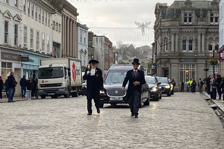 Truronian Keith Hill's hearse is walked down Boscawen Street