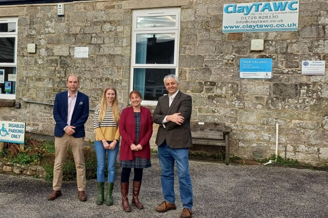 Cllr Louis Gardner (left) and Cllr Dick Cole (right) with Clay TAWC manager Kerry Merrifield and administration assistant Chloe Prangley