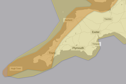 Amber weather warning issued for areas of Cornwall 