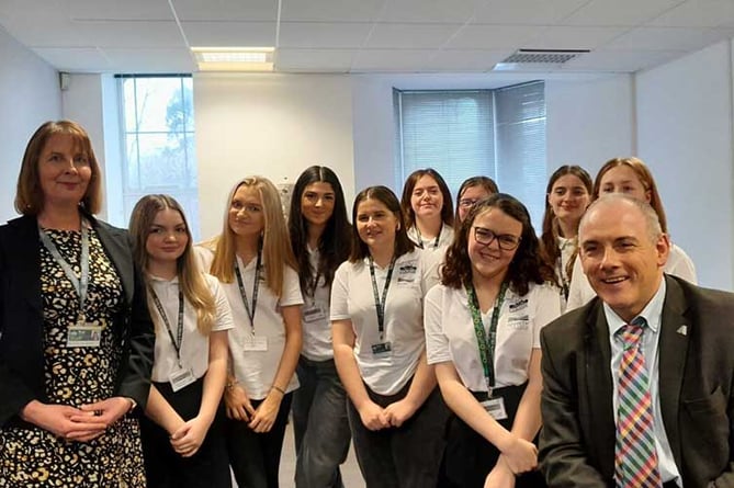 Rt Hon Robert Halfon MP is pictured with students from Truro and Penwith College and Bonnie Houghton (Head of T Levels at Truro and Penwith College)