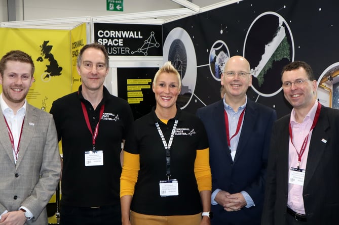 John Hulks (Space Ecosystem), James Fairburn (Space Cluster), - Gail Eastaugh (Cornwall Space Cluster), Ian Jones (Goonhilly Earth Station) and Chris White-Horne (UK Space Agency)