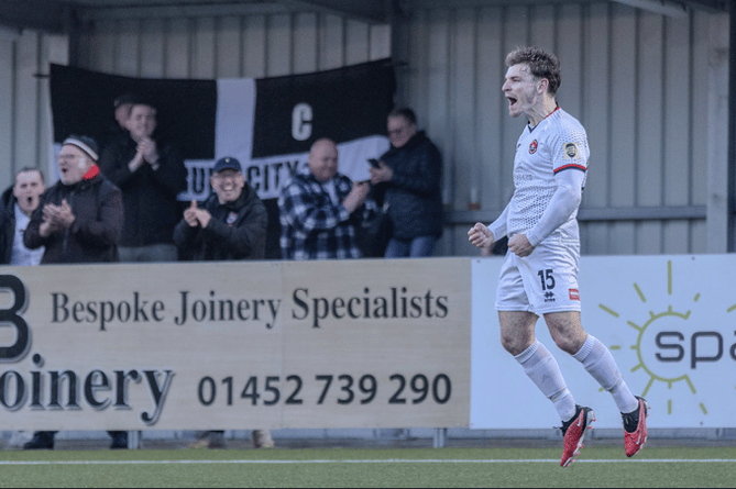 Truro City striker Andrew Neal celebrates during Friday's victory over Slough Town at Gloucester City's Meadow Park.