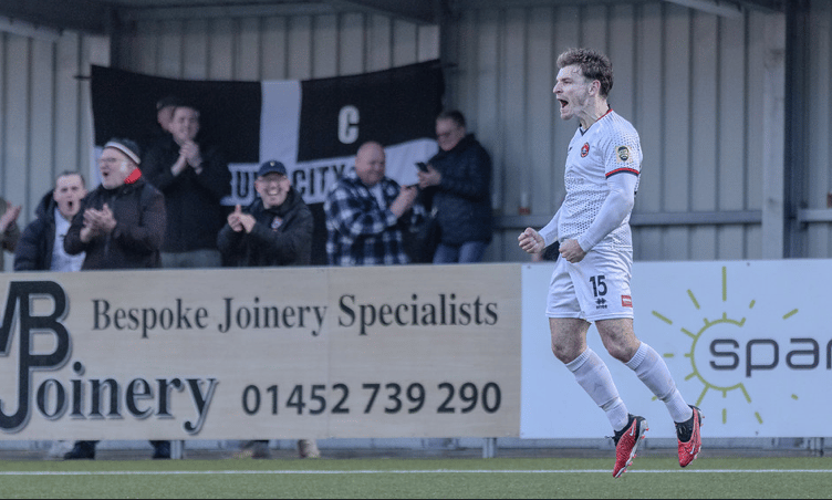 Truro City striker Andrew Neal celebrates during Friday's victory over Slough Town at Gloucester City's Meadow Park.