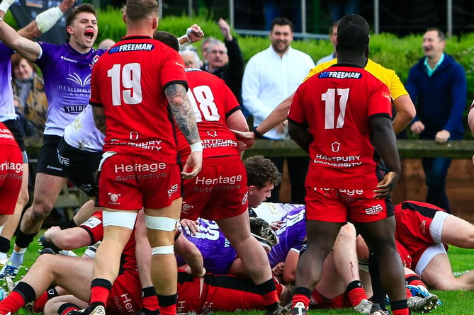 Cornish Pirates celebrate Jacob Morris' late try at Hartpury on Saturday.