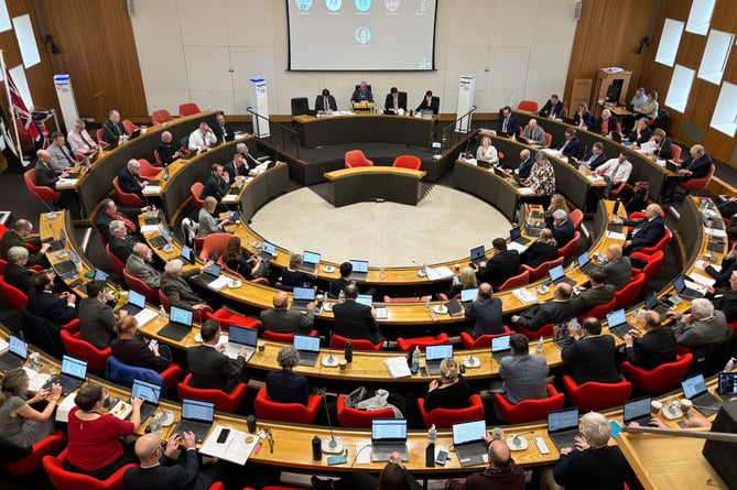 Cornwall Council\'s chamber at New County Hall / Lys Kernow in February 2024