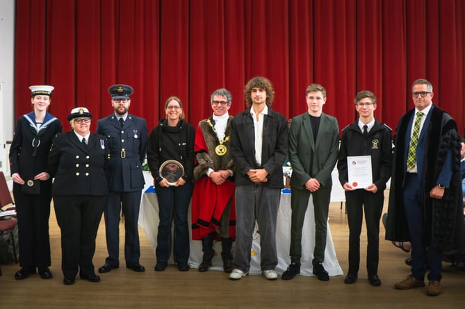 Award winners 2024 (From left to right: Mayor's Sea Cadet 2024-25 Able Cadet Autumn Rhodes-McClean,, Petty Officer Juliette Scanlan, Flight Lieutenant Simon Jose, Citizen of the year 2024 Constance Morris, the Mayor of Penzance Cllr Stephen Reynolds, Mayor's Young Artist 2024-25 Zac Henshall, Humphry Davy Prize Winner Jacob Allan, Retiring Police Cadet Edward Willets, Town Clerk James Hardy)
