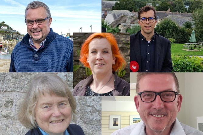 Conservative – Steve Double (top left), Labour – Noah Law (top right), Green Party – Amanda Pennington (centre), Liberal Democrats – Joanna Kenny (bottom left), Reform UK – Stephen Beal (bottom right)