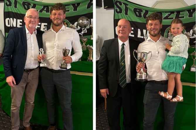 Luke Cloke also won two awards. Left he's pictured with committee member Dave Hyslop with his 'Top Goalscorer' award, while right he's with his daughter the coveted Players' Player of the Year trophy. He is pictured with treasurer Martin Richards.