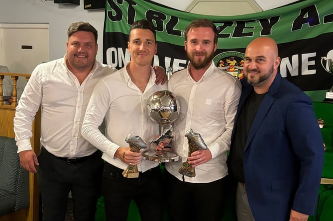 St Blazey's managers Brad Richardson (far left) and Andrew Moon (far right) voted goalkeeper Shaun Semmens (middle left) and Lewis Russell as their joint managers' player.
