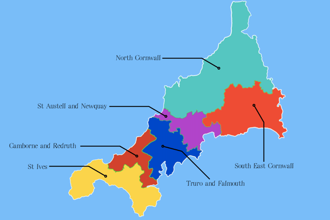 The six constituencies in Cornwall: Camborne and Redruth, North Cornwall, South East Cornwall, St Austell and Newquay, St Ives, Truro and Falmouth