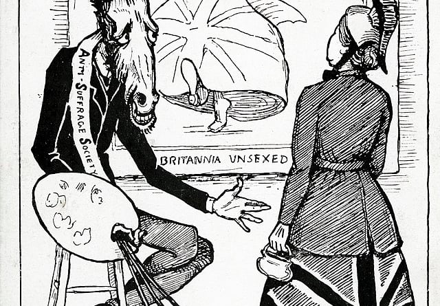 A postcard satirising the Anti Suffrage Society (ASS) as an ass that takes on the form of a portrait painter