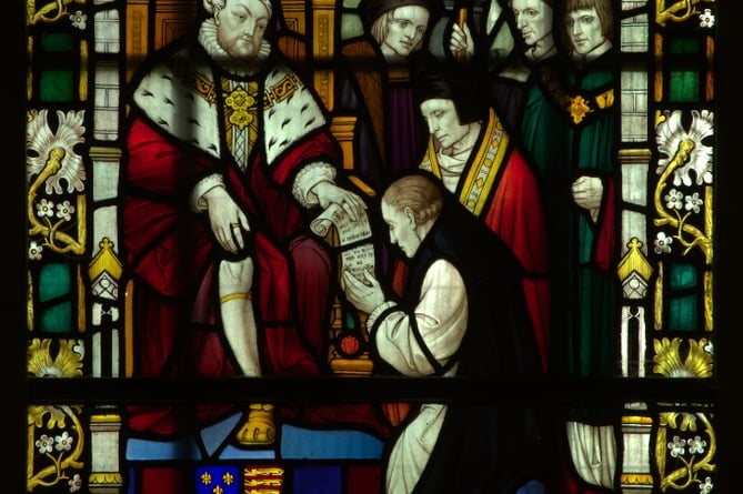 Truro Cathedral window showing King Henry VIII with Archbishop Cranmer 