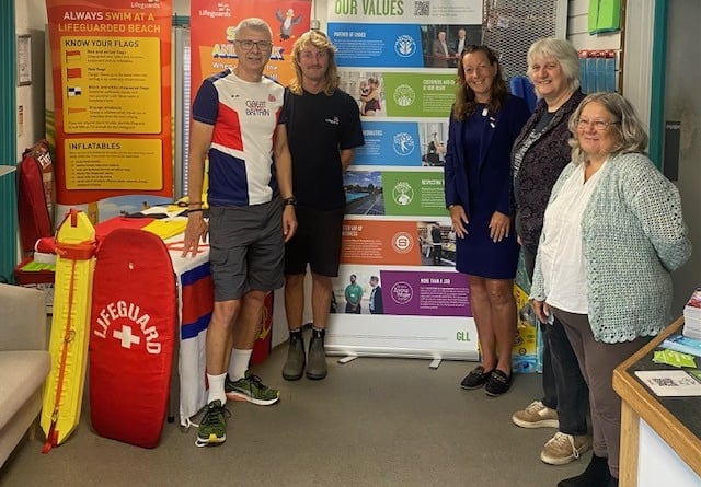 L to R: Neil Tunstall, Sam Thomas (RNLI), Amelia Kitchen GLL Senior General Manager, Cllr Jenkin and Cllr Boase