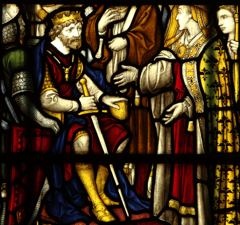 A stained glass window at Truro Cathedral depicting St Anselm confronting William Rufus