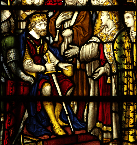 A stained glass window at Truro Cathedral depicting St Anselm confronting William Rufus