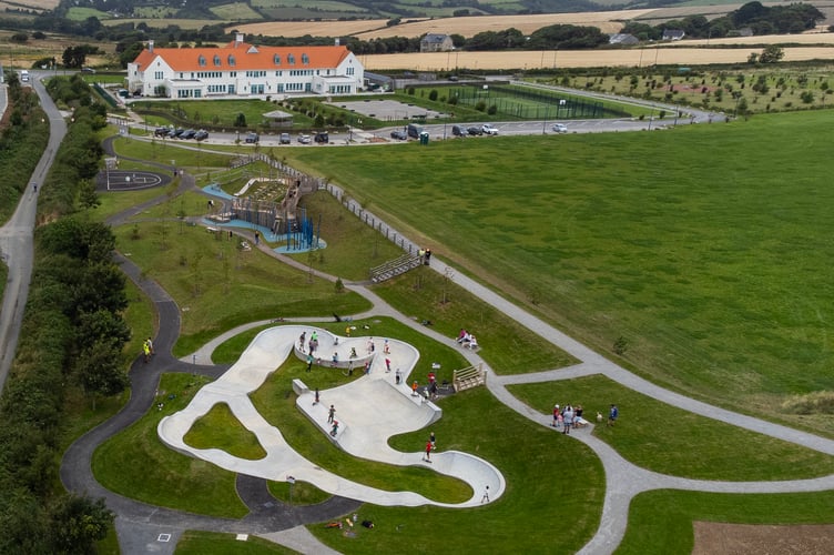 NANSLEDAN, NEWQUAY : AUGUST 09 2024 : The new SLYNK skate park at Nansledan, photographed by Hugh Hastings for the Duchy of Cornwall.