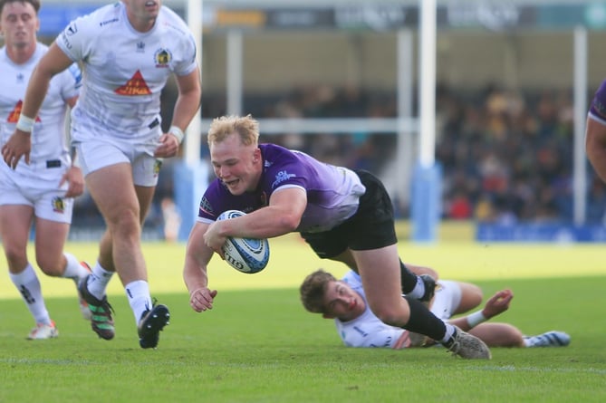 Harry Yates is about to score for the Cornish Pirates at Exeter Chiefs on Saturday. Picture: Brian Tempest