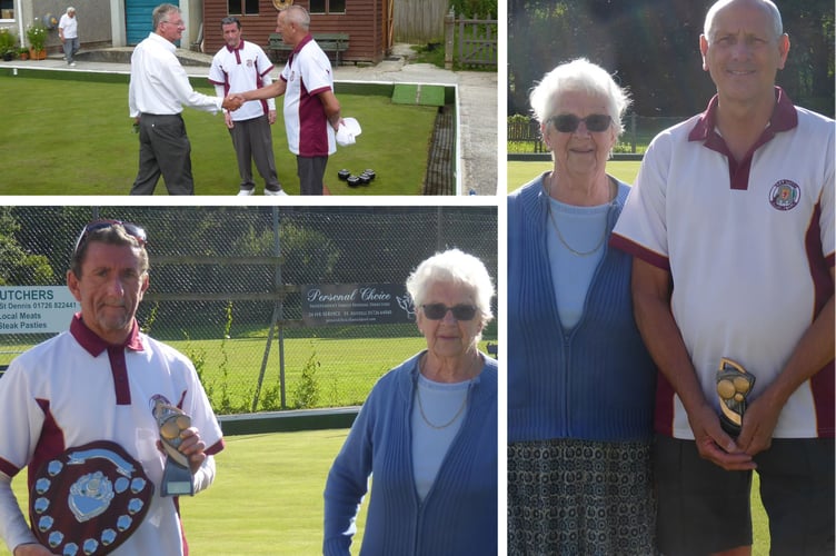 Photos from the Frank Way Memorial Shield final. Top left: Marker Keith Blake shakes the hand of Dave Geal. Bottom left: Winner Zac Busby with Audrey Way, Frank's wife, and right: Runner-up Dave Geal and Audrey Way. Pictures: Grampound Bowling Club