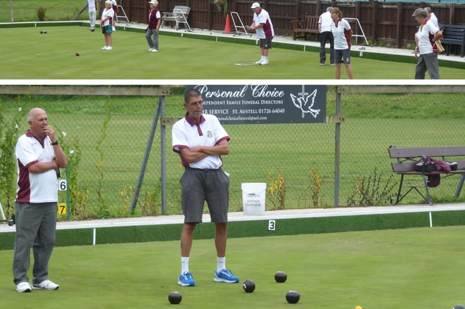 Top: Action from the men's Rhoades Pairs and ladies' Thomas Pairs. Below: Roger Biddick and Nigel Harris assess the state of play during the Rhodes Pairs semi-final. Picture: Grampound Bowling Club