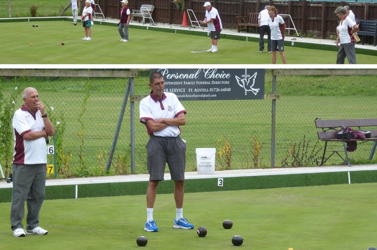 Top: Action from the men's Rhoades Pairs and ladies' Thomas Pairs. Below: Roger Biddick and Nigel Harris assess the state of play during the Rhodes Pairs semi-final. Picture: Grampound Bowling Club