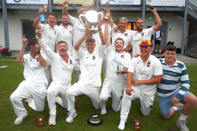 Penzance celebrate a fourth title in five years at St Clare on Saturday after a dominant eight-wicket victory over St Austell. Picture: Cornwall Cricket League