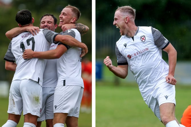 St Austell celebrating both of their goals on Saturday. Left: Subs James Lorenz, Liam Eddy (scorer) and Max Gilbert. Right: Max Gilbert celebrates the game's clinching goal. Pictures: Paul Williams