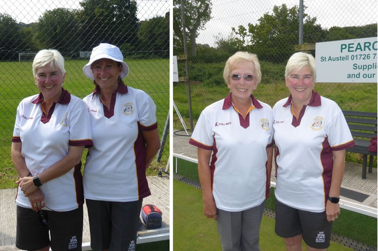 Left: The Ladies’ Langsford Rose Bowl finalists Emma Wells (left) and Pat McCarthy. Right: The Ladies’ Tippett Shield finalists Joyce Barrett (left) and Emma Wells. Picture: Grampound Bowling Club