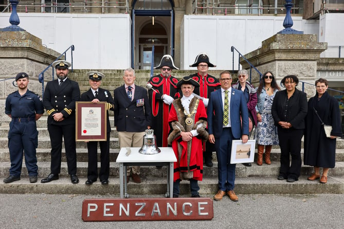 HMS Penzance handing back the Freedom of the Town ceremony in front of St John's Hall, Penzance, on Thursday 12 September 2024. 
Lt Cdr Trevor Brookes is joined by Commodore Miller, Lt Owen Leo Moore and ETWE Callum Ward to hand back the Freedom of the Town to Mayor of Penzance, Councillor Stephen Reynolds in a short ceremony following the de-commission of HMS Penzance earlier this year. 