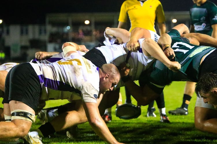 Scrum time at Lady Bay with Cornish Pirates flanker Alex Everett (6) the closest to the camera. Picture: Brian Tempest