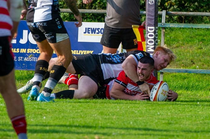 Cornwall RFU Player of the Year, winger Dan Tyrrell, celebrates as he dots down the match-winning try against Brixham. Picture: Dave Phillips