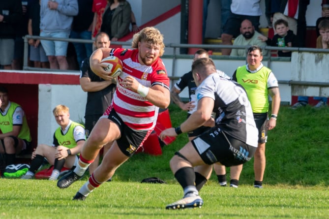 The recently crowned Cornwall Under 20s player of the year, hooker Pete Harris, runs at the Brixham defence on Saturday. Picture: Dave Phillips