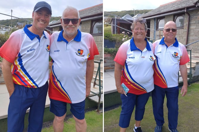 Steve Farnden (left), who won three titles in total, and Geoff Highton were the winners of the men's pairs, while right, Carole Dudley and Mike Medlen took the Mixed Pairs crown. Picture: Looe Bowling Club