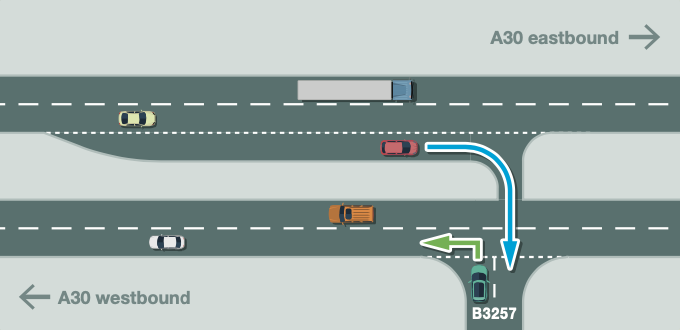 The new proposal at Plusha junction would see the tight turn from the B3257 onto the A30 eastbound carriageway banned