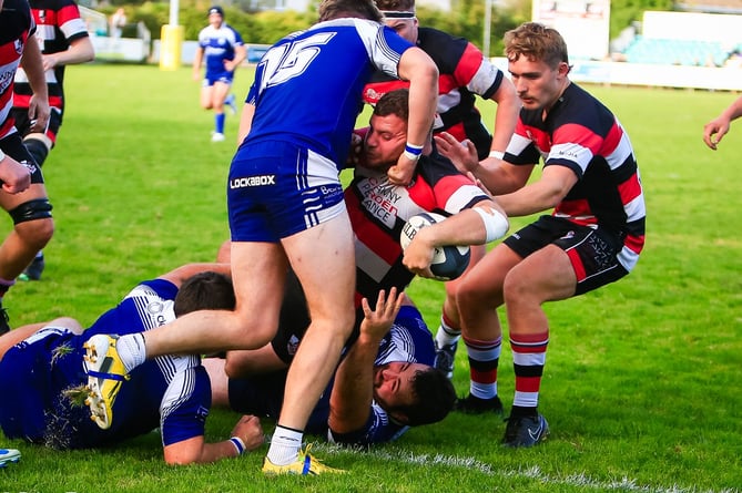 Pirates Amateurs flanker Sam Carroll is about to score during the second half of Saturday's home clash with Kingsbridge. Picture: Brian Tempest