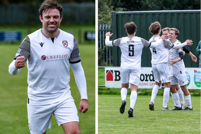 St Austell secured a third league victory of the season on Saturday as they beat high-flying Barnstaple Town 2-1 at Poltair Park. In-form frontman Liam Eddy, who scored after just 65 seconds is pictured left, while Matt Searle is mobbed by his team-mates after getting the all-important second. Pictures: Paul Williams