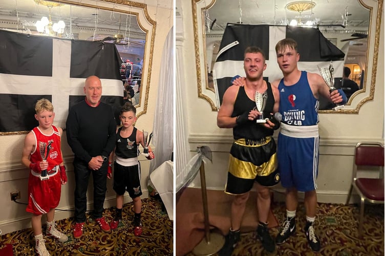 Left: Archie Scott (far left) after his victory, while Max Browning and his Bodmin opponent Liam Mortimer share an embrace after their bout. Pictures: St Columb Boxing Club