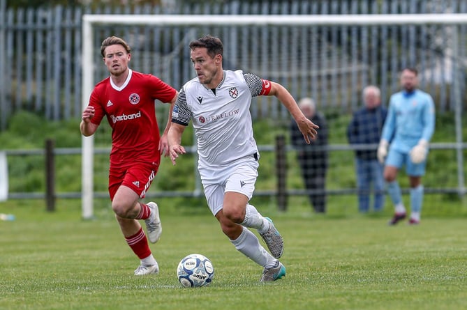 St Austell captain Neil Slateford, pictured in the recent victory over Barnstaple Town at Poltair Park, scored a rare header at Welton Rovers on Saturday. Picture: Paul Williams