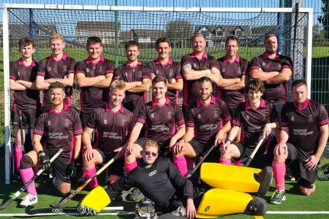 Bude men at Duchy Seconds on Saturday in their away kit sponsored by Jennings & Company Accountants. 
Back row: Caiden Walbridge, Zack Davis, Henry Gwynn-Thomas, Charlie Falla, Saul Barraclough, Steve McLellan (captain), Andy Davis and George Drew.
Front row: Robin Jennings, Drew Bardsley, Tom Lush, Kristof Saunders (vice-captain), Ryan Hall and Thomas Hall.
Ground: Goalkeeper Oscar Kirby. Picture: Bude Hockey Club