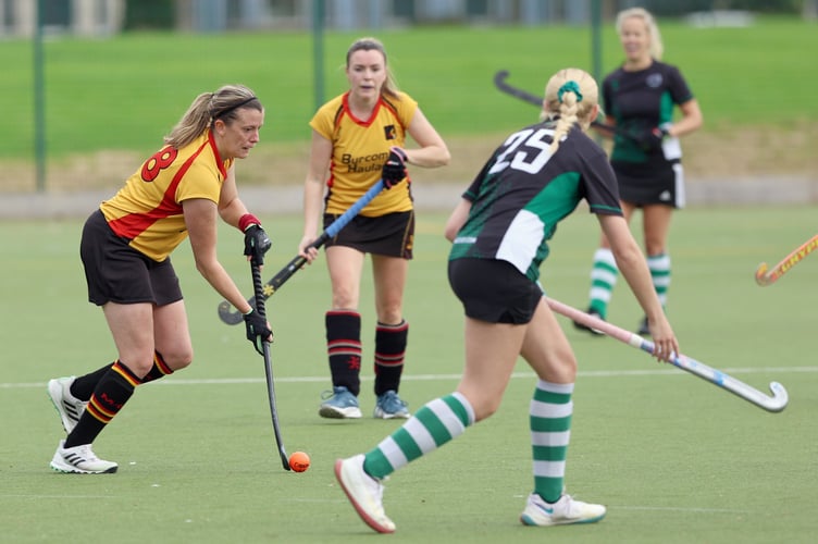 Caradon's Helen Manley, who plays for the second team drives forward during their Division Two South clash with Falmouth at Lux Park on Saturday. Picture: Glen Rogers