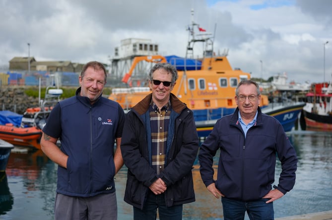 Penlee lifeboat coxswain Patch Harvey with mayor of Penzance Stephen Reynolds and mayor of Concarneau Marc Bigot. Photo by Penzance Council.