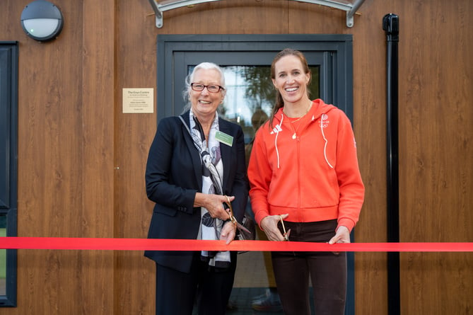 Helen Glover MBE (right) and Duchy Health Charity chair Barbara Vann open the new Enys Centre at Humphry Davy School, Penzance