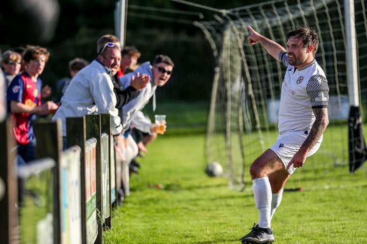 Liam Eddy celebrates after putting St Austell 2-0 up on Saturday. Picture: Paul Williams