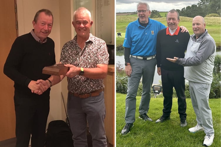 Left: Paul Jarvis (right) presents Brian Pound with the Duck Trophy. Right: Simon Waddington and Brian Pound receive congratulations from St Mellion club captain Paul Worth after their Nicklaus Summer Pairs Knockout success. Pictures: St Mellion Golf Club