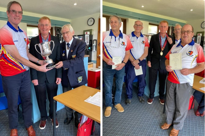 LEFT: Bob Pacey receiving the Burrows Cup from special guests Steve Grose (centre, ECBL president) and Roger Ellard (ECBL secretary). RIGHT: Looe's St Dennis Fours received their runners-up certificates from Mr Grose. From left: Brian Ilson, Ron Rowley, Martin Watts and Michael Medlen. Pictures: Looe Bowling Club