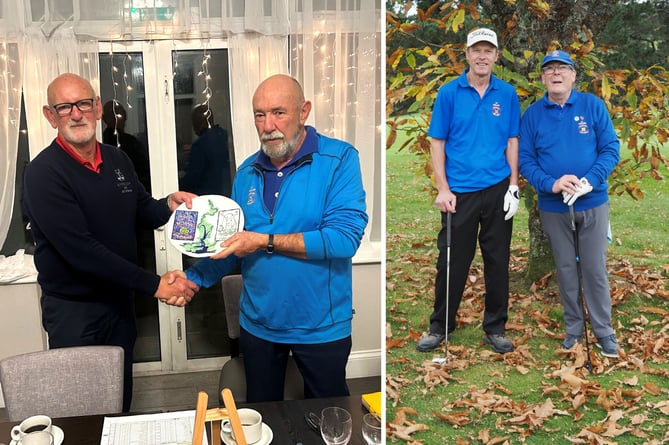 LEFT: Elfordleigh captain Roger Cox presents the winner's trophy to St Mellion's Nigel Coulson-Stevens. RIGHT: The winners of the 4BBB Knockout final, Andy Bryant and Alex Naismith. Pictures: St Mellion Golf Club