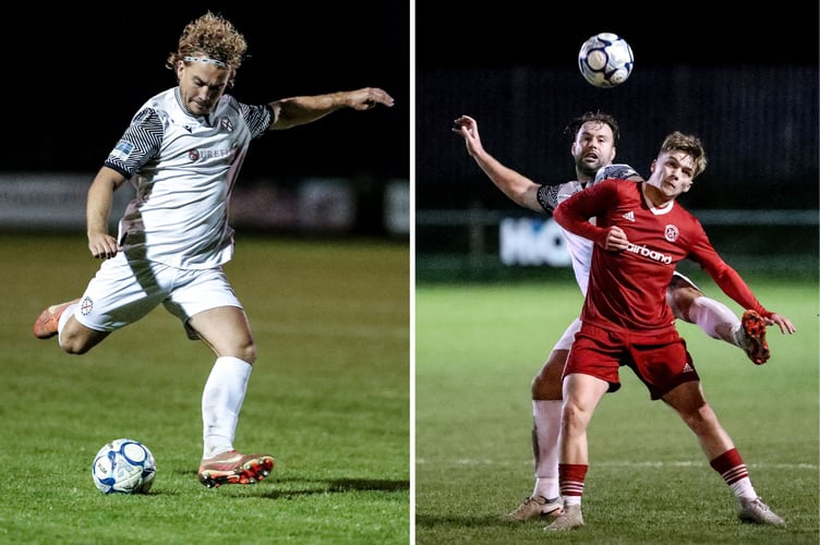 LEFT: Callum Watson prepares to shoot. RIGHT: Saints defender Olly Brokenshire keeps the Barnstaple Town attacker under pressure. Pictures: Paul Williams