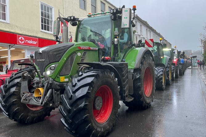 Tractors line up in River Street, Truro in protest at changes to farmers' inheritance tax