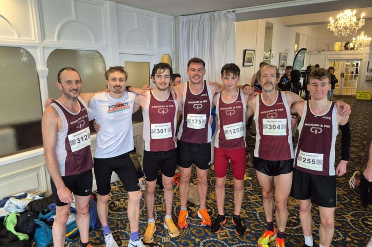 Some of Newquay and Par's athletes at the Falmouth Mob Match including winner Blake Williams and runner-up Tom Morton. From left: Mark Knight, Tom Morton, Blake Williams, Jack Nancarrow, Kyran James, Simon Williams and Dylan Stevens. Picture: Newquay and Par AC.